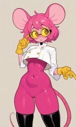 ai_generated bodysuit boots glasses gloves goommymuffin kosine1777 mouse mouse_ears mouse_girl mouse_humanoid mouse_tail muffin_(goommymuffin) pink_hair pink_skin round_glasses spandex spandex_bodysuit thigh_boots thighhighs underboob yellow-tinted_eyewear yellow_gloves