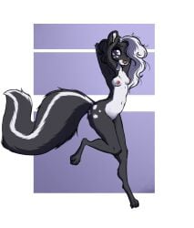 4_toes anthro areola breasts digital_media_(artwork) ear_piercing ear_ring el-gallo feet female fur hair_over_eye hands_behind_head hi_res looking_at_viewer mammal mephitid navel nipples nude one_eye_obstructed piercing ring_piercing simple_background skunk smile solo tail toes