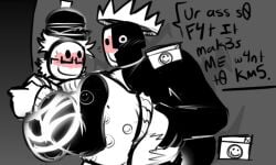 007n7 007n7_(forsaken) 2boys :) black_and_white_body black_and_white_skin blush blush burger_hat crown dialogue duo fat_ass forsaken_(roblox) glasses groping_ass hat headwear holding_ass johndgoonmaster noli noli_(forsaken) roblox smile smiling text yaai_(noli) you_are_an_idiot!