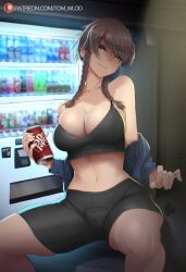 amane_suzuha athletic_clothing bare_shoulders bike_shorts braided_hair brown_hair crazydraftsman dr_pepper female female_only jacket_off_shoulders large_breasts light-skinned_female midriff off_shoulder soda_can sports_bra sportswear squatting steins;gate tom_wlod tomboy track_jacket twin_braids underwear vending_machine workout_clothes yellow_eyes