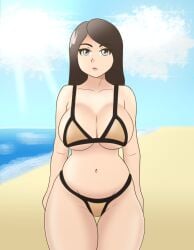 beach belly big_ass big_breasts bikini breasts brown_hair chubby chubby_female cleavage gray_eyes plump sea seaside solo solo_female thick_thighs vanilireph voluptuous wide_hips