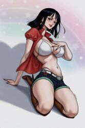 1girls artist_name big_breasts bikini_top black_hair blue_eyes boots busty cleavage earrings hand_on_breast high_heel_boots jean_shorts kneeling leaning_back light-skinned_female light_skin nico_robin one_piece open_shirt prixmal red_lipstick shorts
