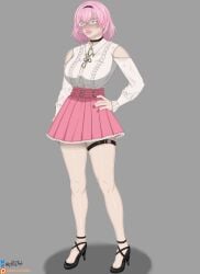 blouse chocker glasses hairband high_heels hololive hololive_english large_breasts mori_calliope p0i2 pink_hair pink_lipstick red_nails skirt thigh_strap
