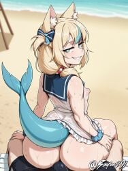 1boy ai_generated beach beach_chair black_swimming_trunks blonde_hair blue_eyes blue_nails blue_sailor_collar bonfen291 bottomless breasts bulge cat_ears female fish_tail frilled_dress hair_ornament hairbow half-closed_eyes hand_on_another's_leg huge_nipples indie_virtual_youtuber indie_vtuber large_ass lifebuoy_ornament long_hair looking_back looking_back_at_viewer low_twintails male no_panties pov sailor_dress sameko_saba see-through self_upload short_dress sitting_on_another sitting_on_lap sleeveless small_breasts smirk smug striped_bow swimming_trunks teeth thick_thighs two-tone_eyes virtual_youtuber wet wet_clothes white_dress wrist_scrunchie