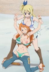 2girls ai_generated big_breasts bikini blonde_hair blonde_hair_female blush breasts bruise catfight cleavage competitive crossover fairy_tail female female_only huge_breasts large_breasts lucy_heartfilia multiple_girls nami_(one_piece) navel one_piece orange_hair orange_hair_female post-timeskip ripped_clothing stare sweat titfight torn_clothes waist yuri