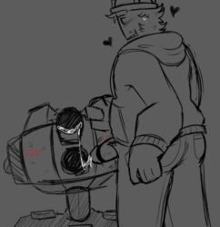 blush builderman builderman_(forsaken) cum cum_in_mouth cum_in_object cum_on_object cumming_on_object dressed forsaken_(roblox) fully_dressed hard_hat hat headwear heart johndgoonmaster objectum roblox roblox_game robloxian standing sweat sweating turret