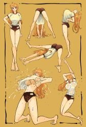 1girls areolae ass big_breasts bloomers blush breasts curvy_female female female_focus female_only huge_breasts large_breasts light-skinned_female light_skin long_hair long_legs middlefing1111 nami_(one_piece) nipples one_piece orange_hair perky_breasts post-timeskip stretching sweat sweating wet_clothes