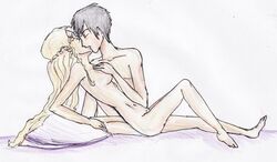 1boy 1girls 2d annabeth_chase bed_sheet blonde_hair braid braided_hair duo emothgurl female hand_on_breast kissing light-skinned_female light-skinned_male light_skin literature long_blonde_hair long_hair male nude nude_female nude_male on_bed percabeth percy_jackson percy_jackson_and_the_olympians pillow simple_background sitting straight traditional_media_(artwork) white_background white_pillow