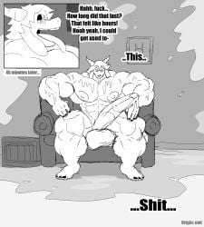 abs absurd_res anthro balls big_balls big_muscles big_penis bodily_fluids bovid caprine cum cum_everywhere cum_on_self dialogue ejaculation excessive_cum excessive_genital_fluids eyewear flexing furniture gabriel_(parttimeyeen) genital_fluids genitals glasses goat hi_res horn huge_balls huge_cock huge_muscles hyper hyper_muscles looking_pleasured male mammal masturbation messy muscular muscular_anthro muscular_arms muscular_legs muscular_male muscular_thighs nipples orgasm parttimeyeen_(artist) penis profanity sitting sofa solo tongue tongue_out