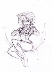 1girls breasts female female_only hoodie looking_at_viewer medium_breasts monochrome monster_high nameless_character request scan sketch smile smiling_at_viewer traditional_media_(artwork) undressing