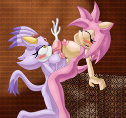 amy_rose anthro blaze_the_cat blush brown_background chaossabre color cum domestic_cat feline female furry furry_only futa_on_female futanari hedgehog human intersex kneeling mammal nude open_mouth pattern_background short_hair sitting sonic_(series) yellow_eyes