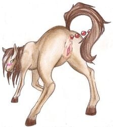 1girl 1girls anal anal_beads anal_insertion anal_masturbation anal_penetration anatomically_correct blush brown_body equid equine female female_only feral hooves horse mammal pussy sex_toy simple_background solo solo_female themasterdramon