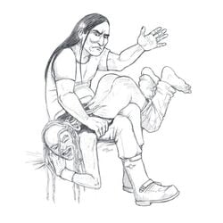 2boys balding black_hair boots dethklok dreadlocks frown gearsmoke long_hair lying_across_lap male_only metalocalypse nathan_explosion pants_down pickles_the_drummer shirt_up spank_marks spanking tank_top white_background wristband