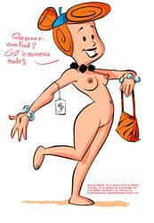 2010 breasts female female_only handbag hanna-barbera human nipples nude on_one_foot orange_hair pale_skin side_view smile solo standing tagme the_flintstones toony wilma_flintstone worthy_means