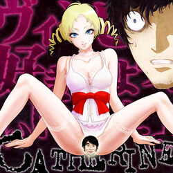 1boy atlus blue_eyes catherine catherine_(game) censored character_censor choker drill_hair eyeshadow legs makeup male novelty_censor red_ribbon ribbon scared short_twintails smaru soejima_shigenori_(character) spread_legs succubus surprised thighhighs tied_hair twintails vincent_brooks