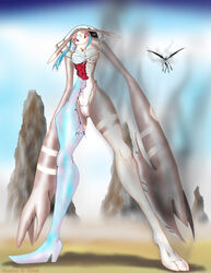 antylamon bandage breasts clothes color day digimon female flying front_view interspecies open_eyes outdoors red_eyes rule_63 smoke standing tagme torn_clothes unknown_gender