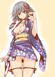 1girls alternate_costume blush bow braid breasts censored cleavage erect_nipples female floral_print flower hair_flower hair_ornament hair_ribbon hairbow japanese_clothes kimono large_breasts leg_ribbon legs long_sleeves looking_at_viewer no_panties obi pubic_hair pussy red_eyes ribbon sakuya_izayoi sash short_hair silver_hair smile solo touhou twin_braids umyonge_(lkakeu) uncensored underwear wide_sleeves