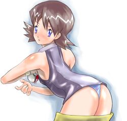 ass blue_eyes clothes color female female_only holding human neesha_(pokemon) nintendo otsukare poke_ball pokemon pokemon:_the_first_movie_-_mewtwo_strikes_back pokemon_(movie) solo tagme