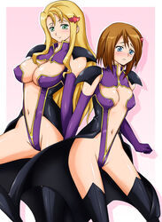 2girls blonde_hair blue_eyes blush breasts cleavage code_geass elbow_gloves erect_nipples female flat_chest gloves grausam_valkyrie_squadron green_eyes hair_ornament latex latex_gloves liliana_vergamon long_hair marika_soresi midriff military military_uniform mitora5 multiple_girls orange_hair short_hair small_breasts thighhighs uniform