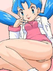 bottomless erect_nipples kris_(pokemon) nintendo pokemoa pokemon pokemon_gsc smile tongue_out