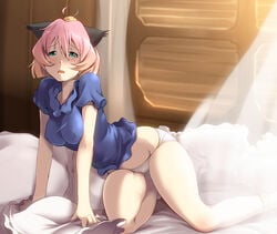 1girls animal_ear bent_over big_breasts blonde_hair blue_eyes blush breasts female gradient_hair green_eyes honihoni honis kneeling large_breasts multicolored_hair open_mouth panties pink_hair potemayo potemayo_(character) short_hair sitting solo taut_shirt underwear