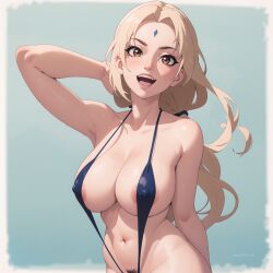 1girls acl_noraai ai_generated areola_slip artist_name bikini blonde_hair brown_eyes covered_nipples forehead_jewel forehead_mark huge_breasts large_breasts long_hair looking_at_viewer naruto open_mouth simple_background slingshot_swimsuit smile solo swimsuit tsunade wardrobe_malfunction watermark wet