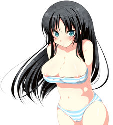 :o areolae arms_behind_back bikini black_hair blue_eyes blush breasts bursting_breasts cameltoe erect_nipples female female_only huge_breasts human human_only k-on! long_hair mio_akiyama_(k-on!) navel nipple_slip simple_background solo striped striped_swimsuit swimsuit toki_ai undersized_clothes