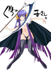 blue_hair cape gradient_hair guchuko human multicolored_hair panties potemayo scythe skull thighhighs topless underwear