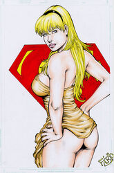 ass breasts comic_paper dc dress dress_lift fabio female female_only hairband hands_on_hips human long_hair looking_at_viewer looking_back medium_eyes pale_skin parted_lips pinup pose s_shield solo standing straight_hair supergirl tagme white_background yellow_hair