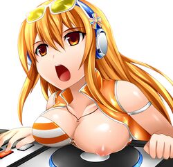 1girls beatmania beatmania_iidx blazer blonde_hair breast_slip breasts cleavage female glasses headphones highres jewelry long_hair necklace nipples one_breast_out open_mouth phonograph pointy_chin puffy_nipples ribbon solo sunglasses sunglasses_on_head turntable umegiri_iroha yellow_eyes yoshimo