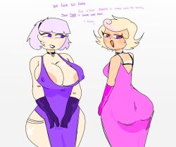 2022 2girls ass big_ass big_breasts big_butt big_nipples black_lipstick blonde_hair blush breasts choker daughter_is_bigger dialogue dress errorplush eyeshadow gloves homestuck inviting lipstick looking_back mother_and_daughter ms_paint_adventures nipples open_mouth pink_eyes purple_eyes purple_hair rose_lalonde roxy_lalonde short_hair sweat tanned tanned_girl tanned_skin text white_background white_skin wide_hips