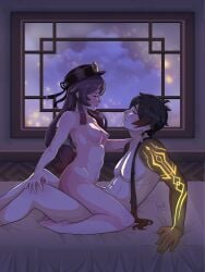 1boy 1boy1girl 1girls abs arm_tattoo bangs bed bed_sheet black_hair blush breast brown_hair closed_eyes cloud cloudy_sky colored_tips couple cowgirl_position earrings eyeliner eyeshadow female finksart genshin_impact glowing gradient_hair hair_between_eyes hand_on_another's_knee hand_on_another's_shoulder happy_sex hu_tao_(genshin_impact) indoors lantern light lips long_hair male multicolored_hair night nipples nude open_mouth penetration porkpie_hat red_eyeshadow sex shadow signature single_earring sitting sitting_on_person sky small_breasts smile straddling straight sweat tassel tassel_earrings timestamp toned_male twintails window zhongli_(genshin_impact)