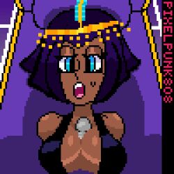 animated areola_slip black_hair blue_eyes cum cum_on_breasts cum_on_face dark-skinned_female dark_skin eliza_(skullgirls) loop paizuri pixel_art pixelpunk808 skullgirls titjob