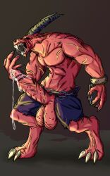 abomination_(darkest_dungeon) anthro balls big_balls big_penis bodily_fluids bombayeen_(artist) bottomwear chains clothing cuffs_(clothing) darkest_dungeon demon demon_cock dripping genital_fluids genitals hi_res huge_balls huge_cock male monster pants penis precum precum_drip precum_string solo