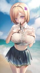 absurdres bangs beach blonde_hair blue_skirt blurry blurry_background blush breast_suppress breasts button_gap cloud cloudy_sky collared_shirt covered_nipples cowboy_shot crop_top embarrassed eyebrows_visible_through_hair female female hair_intakes hallo_(rltkdydrltk) head_tilt highres large_breasts leaning_forward lens_flare looking_at_viewer miniskirt mouth_hold navel neck_ribbon neck_ribbon_removed nipples ocean original pleated_skirt purple_eyes ribbon see-through shirt short_hair short_sleeves skirt sky swept_bangs wet wet_clothes white_shirt