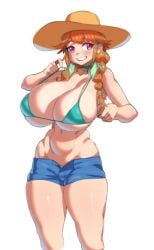 alternate_breast_size aqua_bikini aqua_hair bikini bikini_top_only blush breasts cleavage denim_shorts female gradient_hair hat highres hololive hololive_english hololive_myth huge_breasts long_hair makinakid midriff multicolored_hair navel orange_hair pink_eyes shiny shiny_hair shiny_skin shorts simple_background skindentation smile solo straw_hat swimsuit takanashi_kiara teeth underboob virtual_youtuber white_background