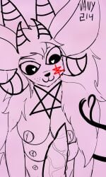 <3_eyes <3_tail 4_breasts 6_horns 6_nipples absurd_res anthro breasts demon denyse_laky(vany214) facial_markings female genitals hair head_markings heart hi_res horn long_ears long_hair long_horn looking_at_genitalia looking_at_penis male male/female mammal markings multi_breast multi_horn multi_nipple nipples penis pentagram solo unknown_species vany214 vein veiny_penis