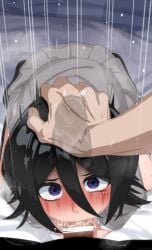 1boy 1girls black_hair bleach blue_eyes blush blushing censored cock cock_on_face deepthroat fellatio forced forced_oral hand_on_head kuchiki_rukia mizumizuni penis pov rape saliva school_uniform short_hair tears thighhighs x-ray