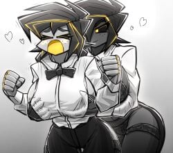 albry_(zzzhodazzz) big_breasts bow bowtie breast_grab breasts floating_heart kyurby_(zzzhodazzz) lingerie open_mouth robot robot_girl robot_humanoid tagme white_background yellow_eyes yuri zzzhodazzz