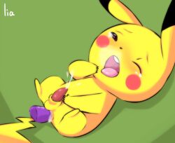 balls bodily_fluids cum dildo genital_fluids genitals lia_(artist) lying male masturbation nintendo open_mouth pikachu pokémon_(species) pokemon pokemon_only sex_toy solo tears video_games