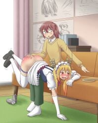 2girls ass ass_grab blonde_hair blue_panties blush dragon_girl female_pervert heart highres kobayashi kobayashi-san_chi_no_maidragon long_hair multiple_girls oerba_yun_fang open_mouth orange_eyes panties panties_down pervert red_hair shoes spanking thighhighs tohru_(dragon_maid) zekel