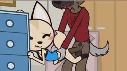 1boy 1girls aggressive_retsuko animated anthro biting_lip blush canaryprimary closed_eyes clothing doggy_style female female_focus fenneko from_behind furry haida interspecies male male_penetrating no_pants on_model penetration penis sanrio sex smile smooth_fur solo_focus straight unfinished