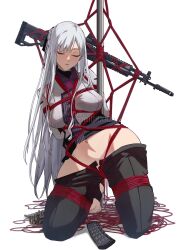 ak-12 ak-12_(girls'_frontline) assault_rifle bangs black_pants bondage braid breasts closed_eyes closed_mouth female girls'_frontline gun highres jsc_kalashnikov_concern kalashnikov_rifle large_breasts long_hair long_sleeves navel panties pants pants_pull pole rifle rope silver_hair simple_background solo underwear vermilli000n weapon white_background