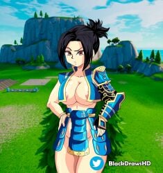 armor big_breasts blackdrawshd breasts covered_pussy eyebrows_raised fortnite hime_(fortnite) hips looking_at_viewer open_shirt ponytail samurai thighs