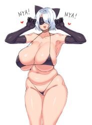 absurdres alternate_breast_size animal_ears bare_shoulders bikini black_bikini black_blindfold black_gloves blindfold breasts cat_ears collarbone elbow_gloves english_text fake_animal_ears female gloves heart highres huge_breasts large_breasts makinakid navel nier:_automata nier_(series) oerba_yun_fang open_mouth paw_pose plump shiny shiny_skin simple_background skindentation solo swimsuit white_background white_hair yorha_2b