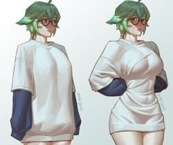 1girls abs ahoge animal_ears baggy_clothing big_breasts blush breasts brown_eyes embarrassed female female_only genshin_impact glasses gradient_background green_eyes hidden_curves highres light-skinned_female lips long_hair looking_at_viewer looking_away m4rjinn presenting shirt_tighten_meme shy solo standing sucrose_(genshin_impact) t-shirt/pajamas_challenge thick_thighs thighs tight_clothing waist wide_hips