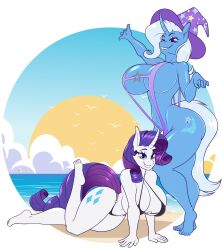 absurd_res anthro beach bikini breasts clothing cutie_mark digital_media_(artwork) duo equid equine female friendship_is_magic hasbro hi_res horn mammal my_little_pony rarity_(mlp) seaside swimwear tatemil trixie_(mlp) unicorn