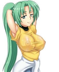 07th_expansion 1girls abridged-satoko armpits arms_behind_back big_breasts breasts busty covered_erect_nipples female female_only green_eyes green_hair higurashi_no_naku_koro_ni large_breasts long_hair mion_sonozaki nipples ponytail pose posing seductive_smile see-through sensual smile wet wet_clothes