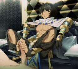 2022 2boys brown_hair fate/grand_order feet footjob gay hairox male male_only ozymandias_(fate) penis precum precum_drip tanned_skin yaoi yellow_eyes