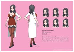 1girls big_breasts black_hair character_profile character_sheet cleavage dress female female_only garter_belt garter_straps high_heels human human_only lab_coat labcoat light-skinned_female light_skin original_character professor_ashley_(ttp) scientist text the_tentacle_professor tight_clothing tight_fit